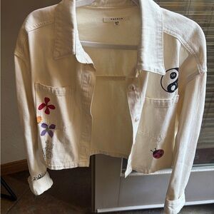 PacSun Women's Cream Jean Jacket with Colorful Designs